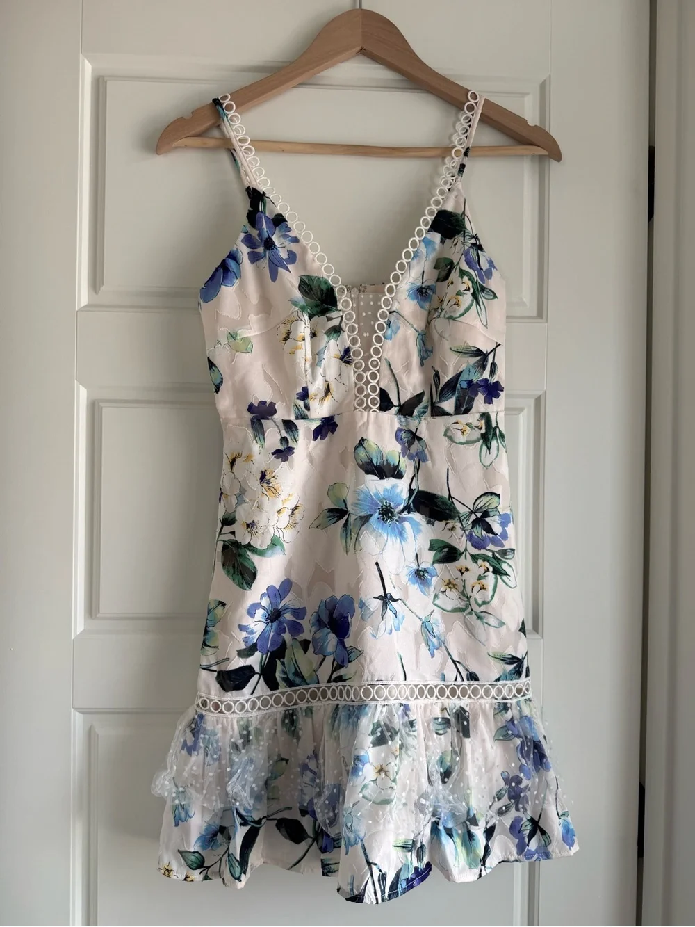 NWT Floral Lace-Trim Ruffle Slip Dress - Blue & Cream - Picture 1 of 13